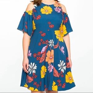 Eloquii Asymmetrical Floral Dress - Blue, Yellow, Pink